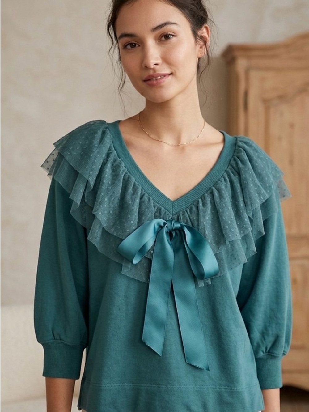 Maeve Teal Ruffled V-Neck Satin Bow Sweatshirt